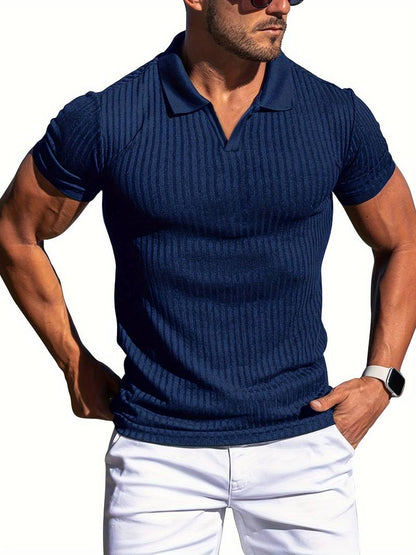 Men's slim fit ribbed knit polo shirt short sleeve cotton blend casual stylish everyday wear