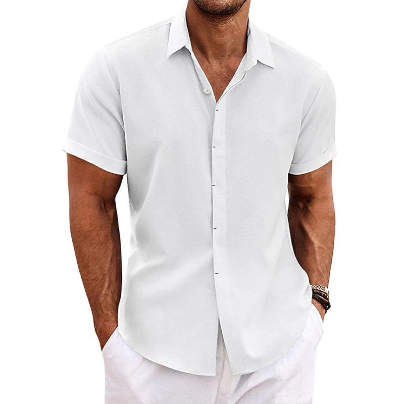 Men's short sleeve linen cotton blend shirt regular fit breathable lightweight casual button-up