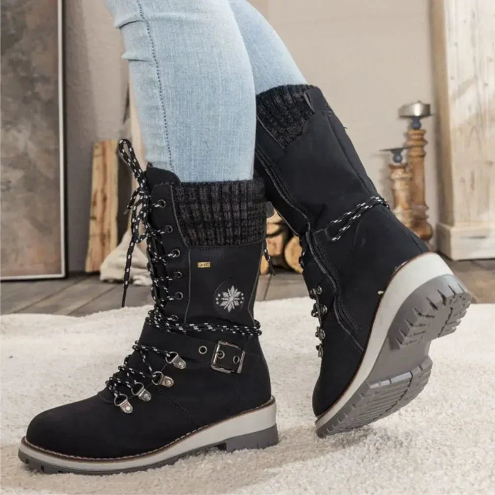 Women's brown leather lace-up winter boots with robust non-slip sole for secure comfortable fit