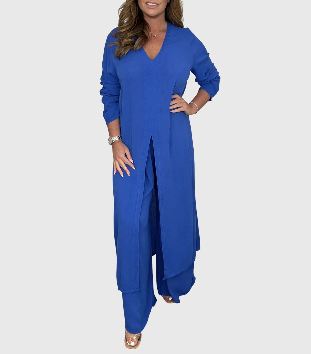 Cream open-front duster cardigan wide-leg pants two-piece set with flowing silhouette