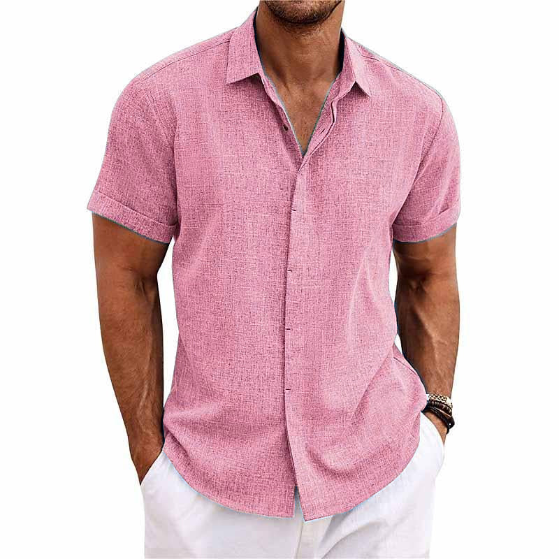 Men's short sleeve linen cotton blend shirt regular fit breathable lightweight casual button closure