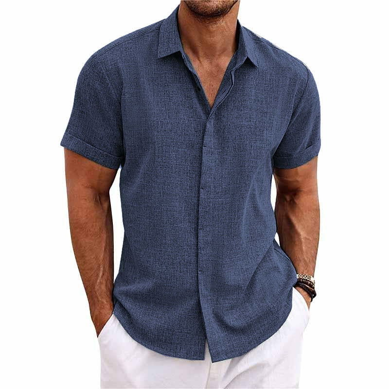 Men's short sleeve linen cotton blend shirt regular fit breathable lightweight casual button closure