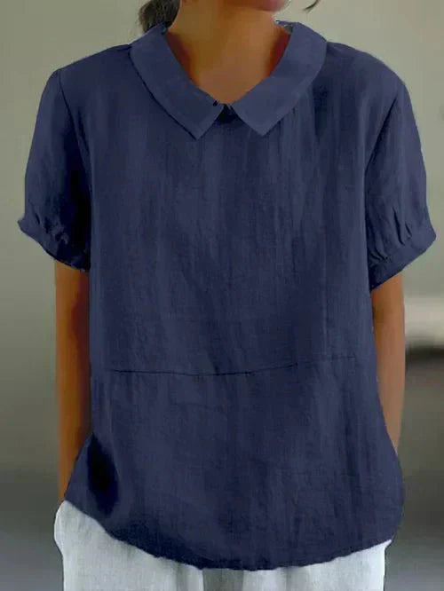 Sky blue linen-look casual top with contrast white Peter Pan collar and cuffed short sleeves