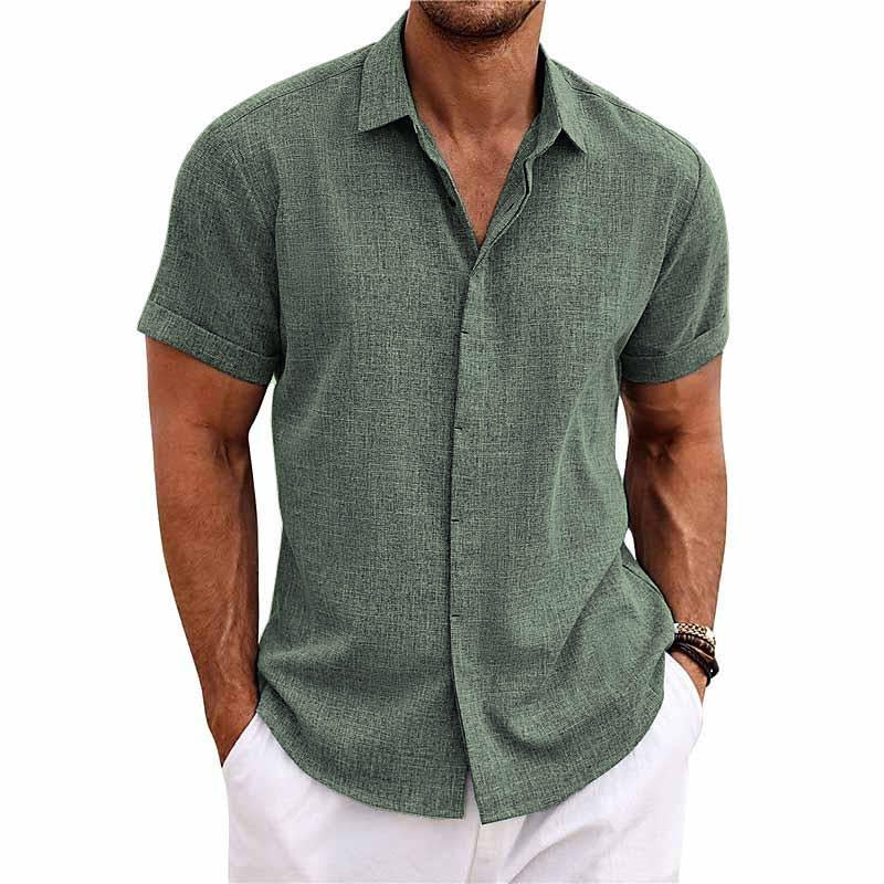 Men's short sleeve linen cotton blend shirt regular fit breathable lightweight casual button-up