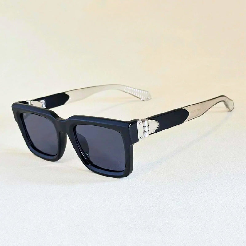 Square-frame sunglasses with metal hinge detailing, mixed acetate and metal build, vintage-inspired bold geometry