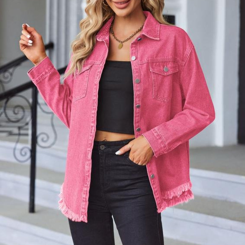 Branu oversized denim jacket with raw fringe hem and snap-front closure in soft blue denim