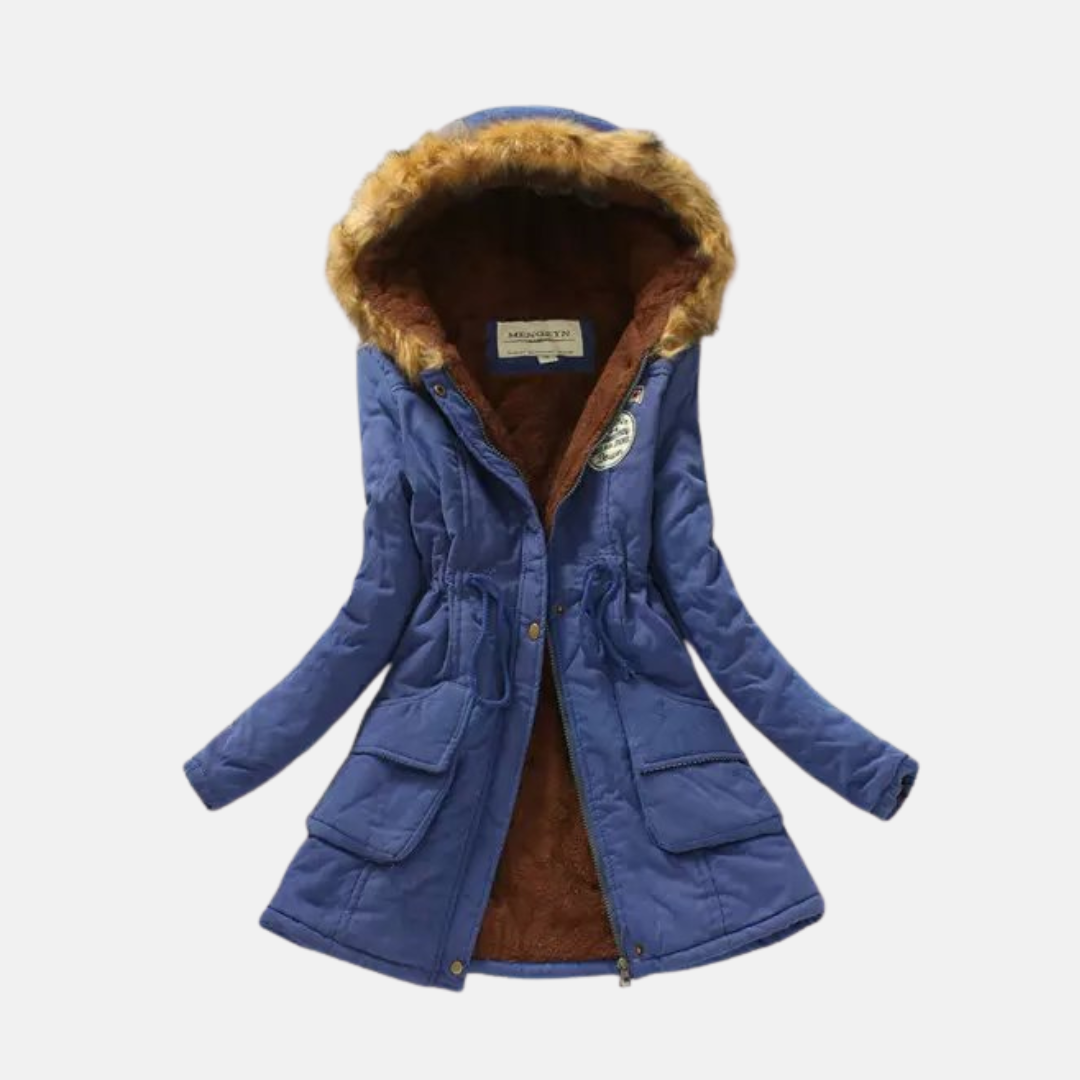 Women's winter parka coat with sherpa lining, faux fur hood, drawstring waist, available in multiple colors