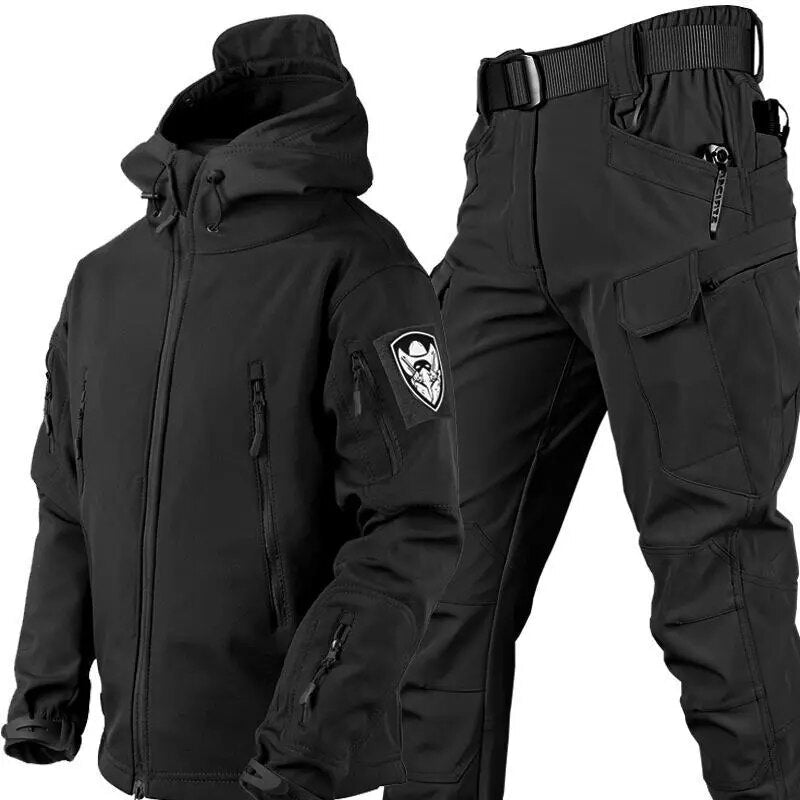 Men's gray softshell two-piece outdoor suit windproof jacket pants with utility pockets