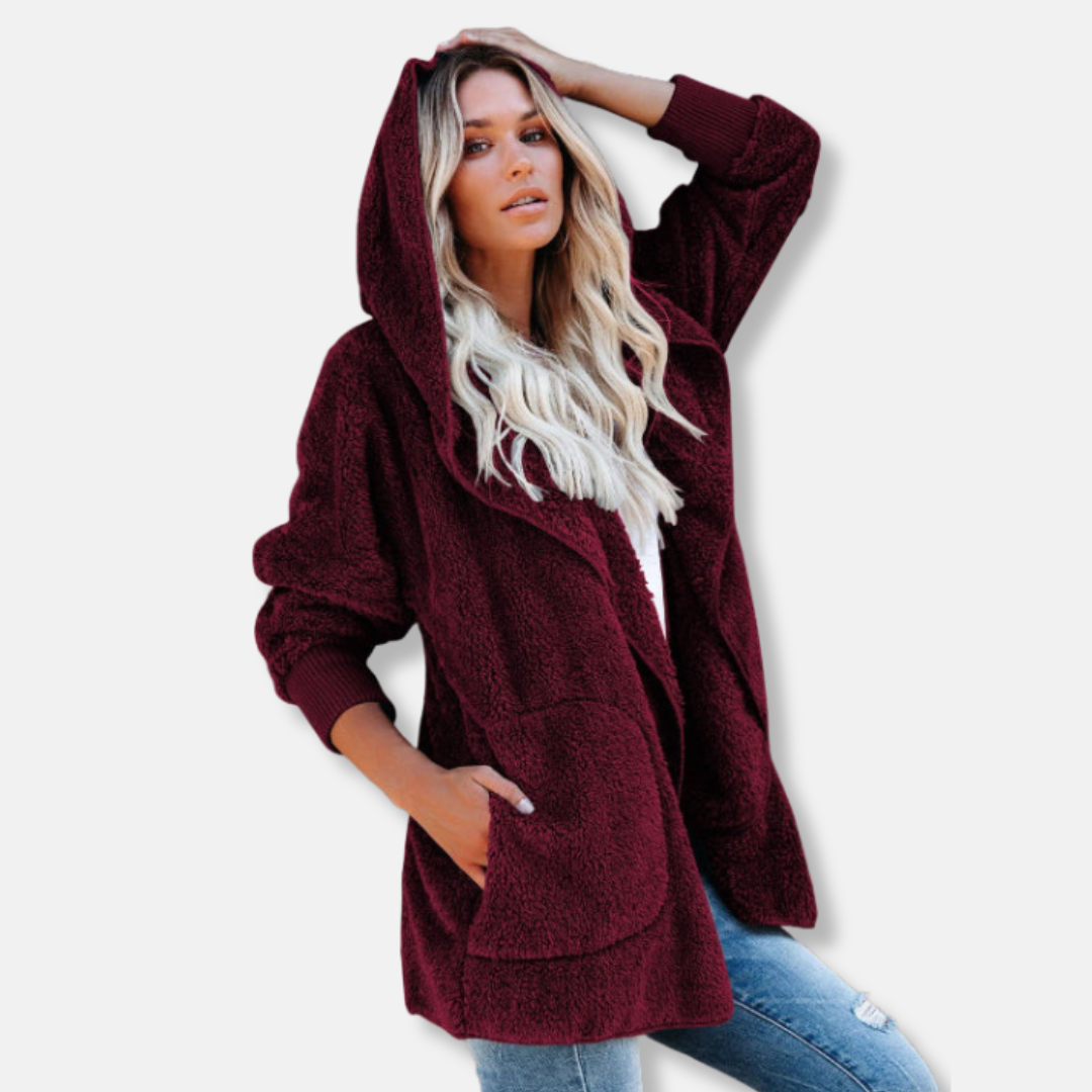Women's oversized sherpa fleece hooded cardigan, cozy open-front style with pockets, relaxed fit