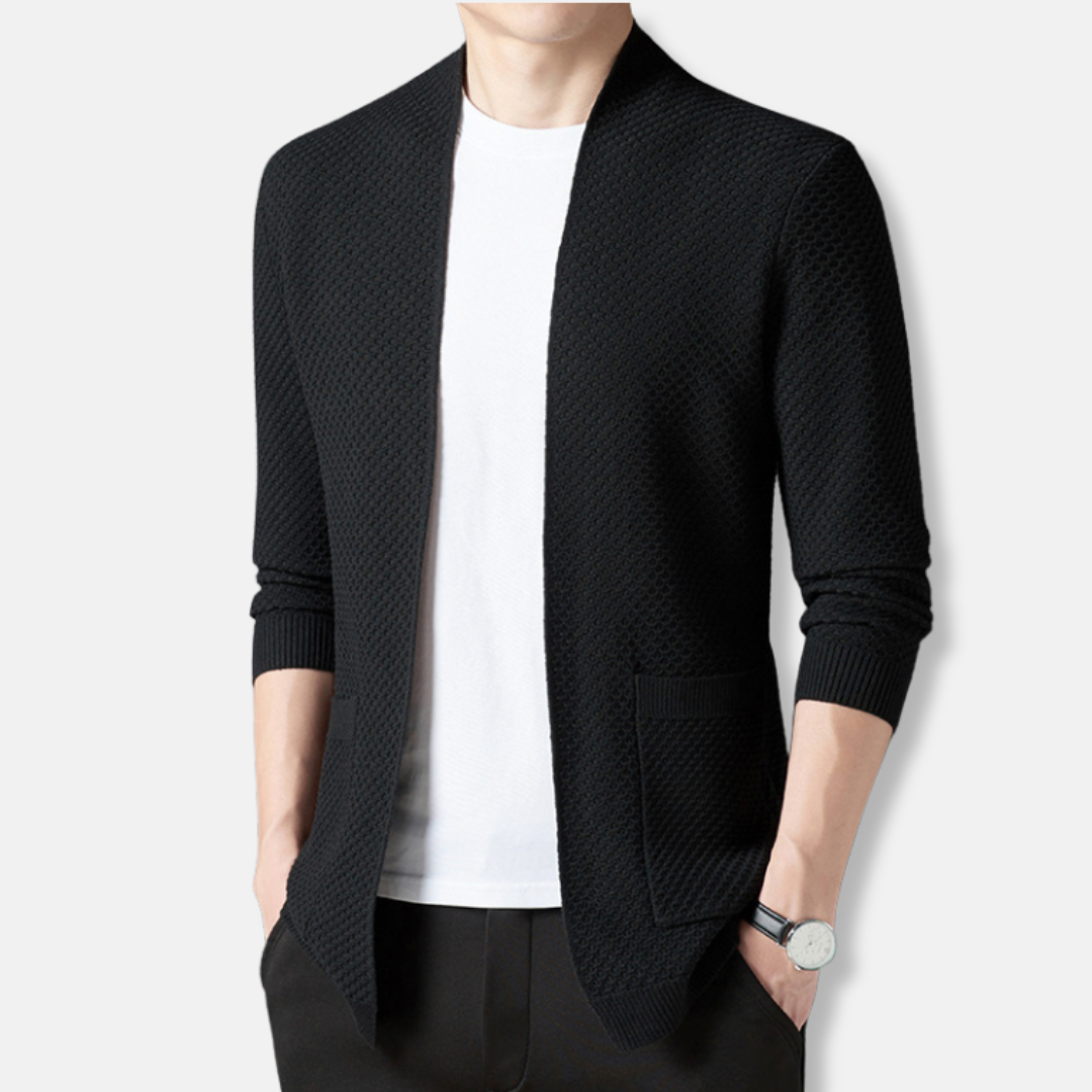 Men's navy open-front knit cardigan relaxed fit hip-length waffle texture fall layer