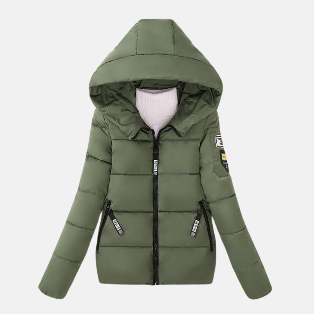 Women's quilted padded coat relaxed fit hooded zipper closure insulated warmth