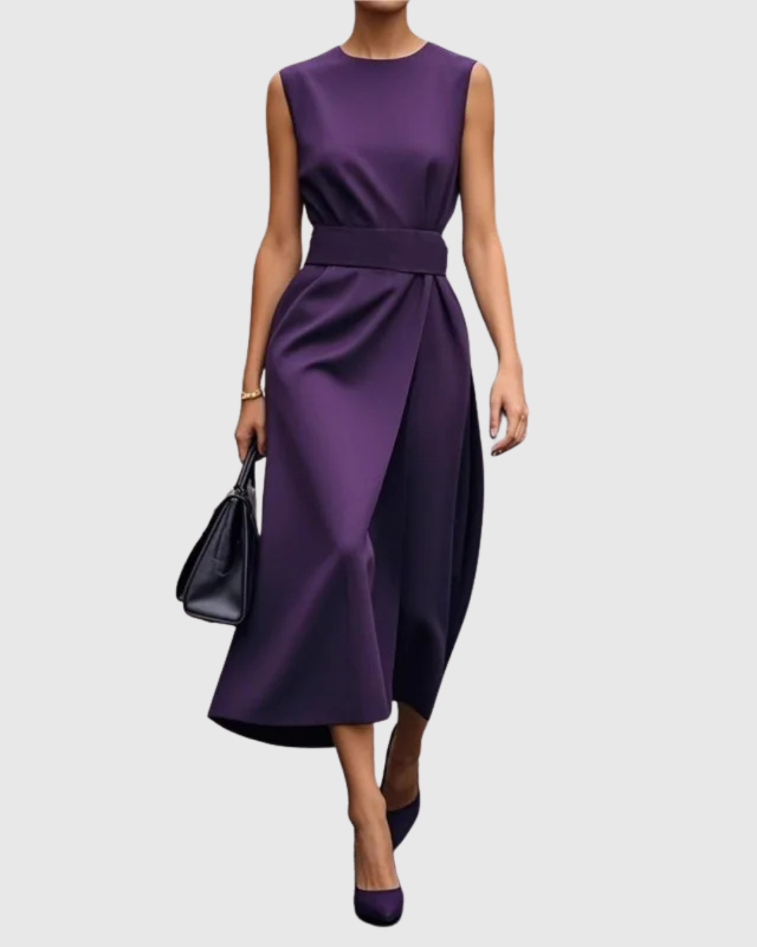 Rust sleeveless midi dress with round neck and twist knot waist detail, modern elegant silhouette