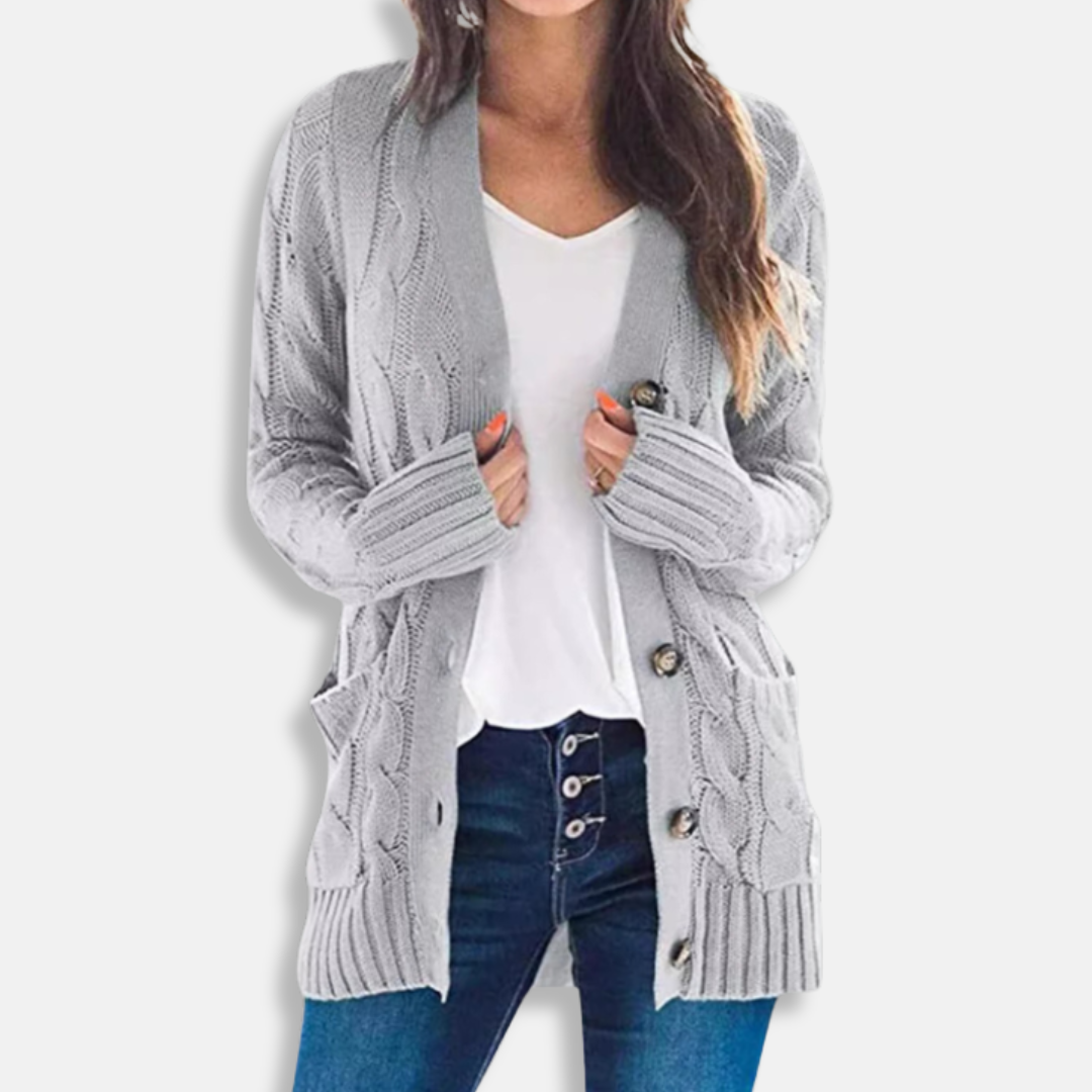 Wavlynn women's chunky cable knit cardigan sweater relaxed fit with button front and patch pockets