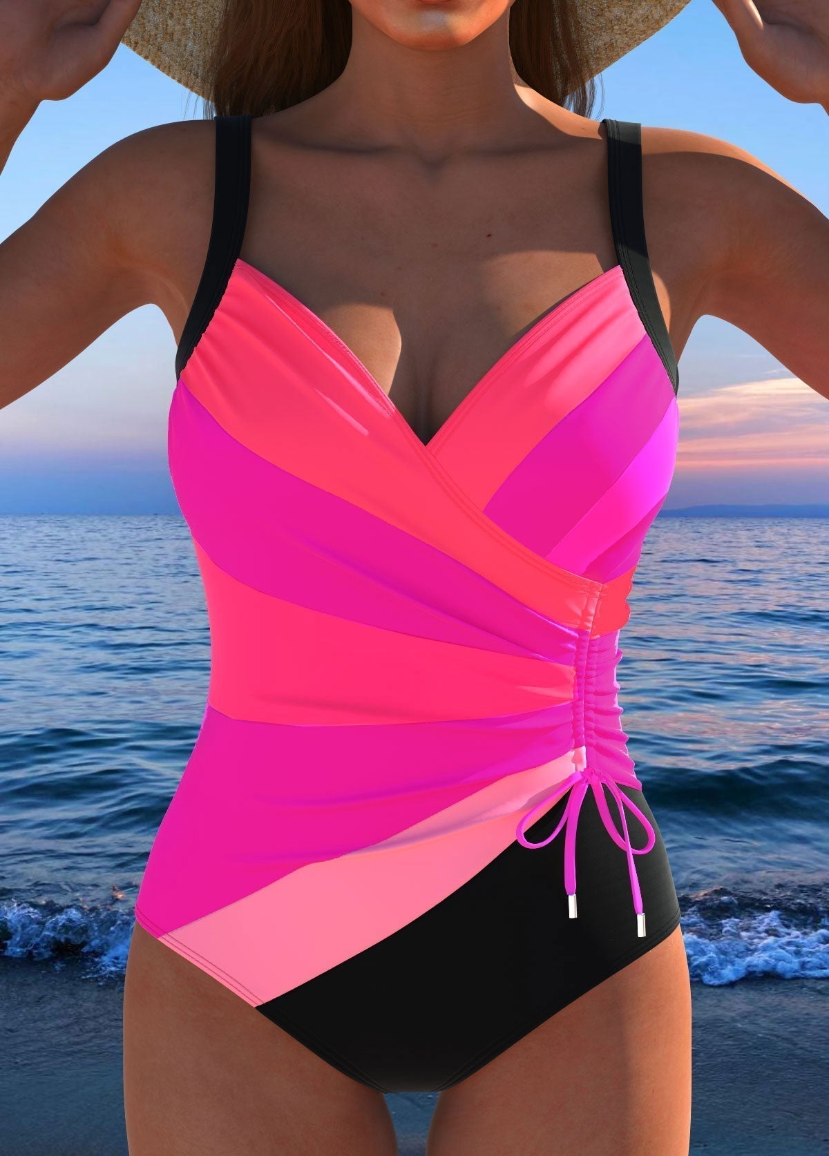 Women's tummy control surplice swimsuit with bold colorful print and slimming wrap-style neckline