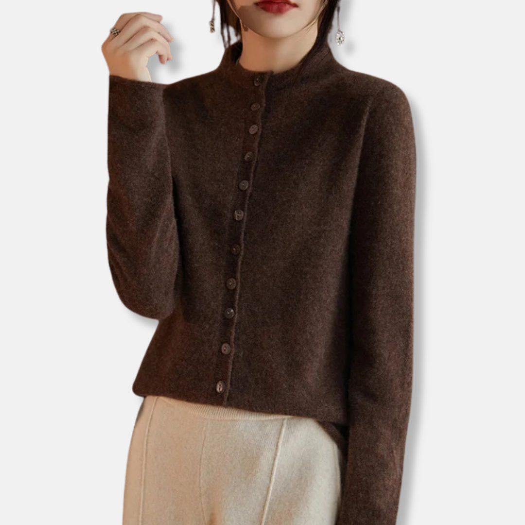 Women's wool knit cardigan sweater, relaxed tailored fit, button front spread collar, cozy style