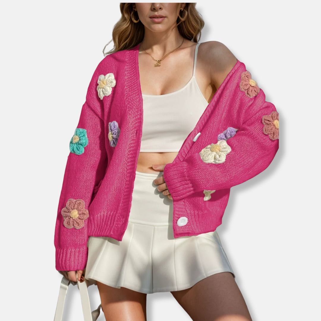 Women's oversized wool blend knitted cardigan with handmade floral accents and button-front closure