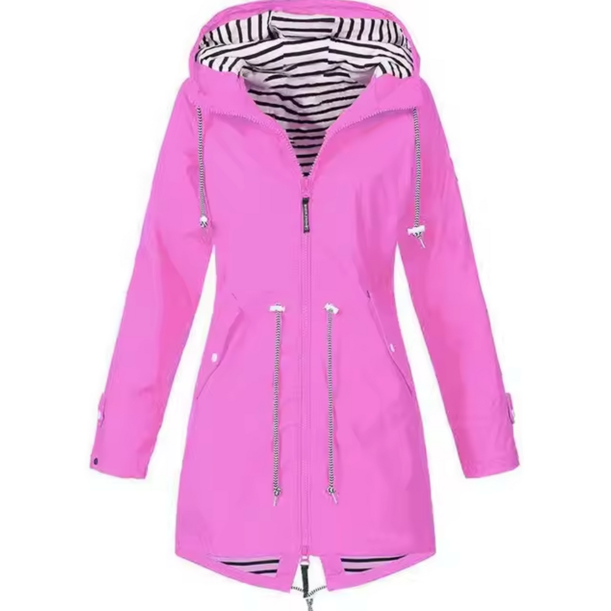Léa women's black waterproof raincoat elegant long silhouette adjustable waist lined hood