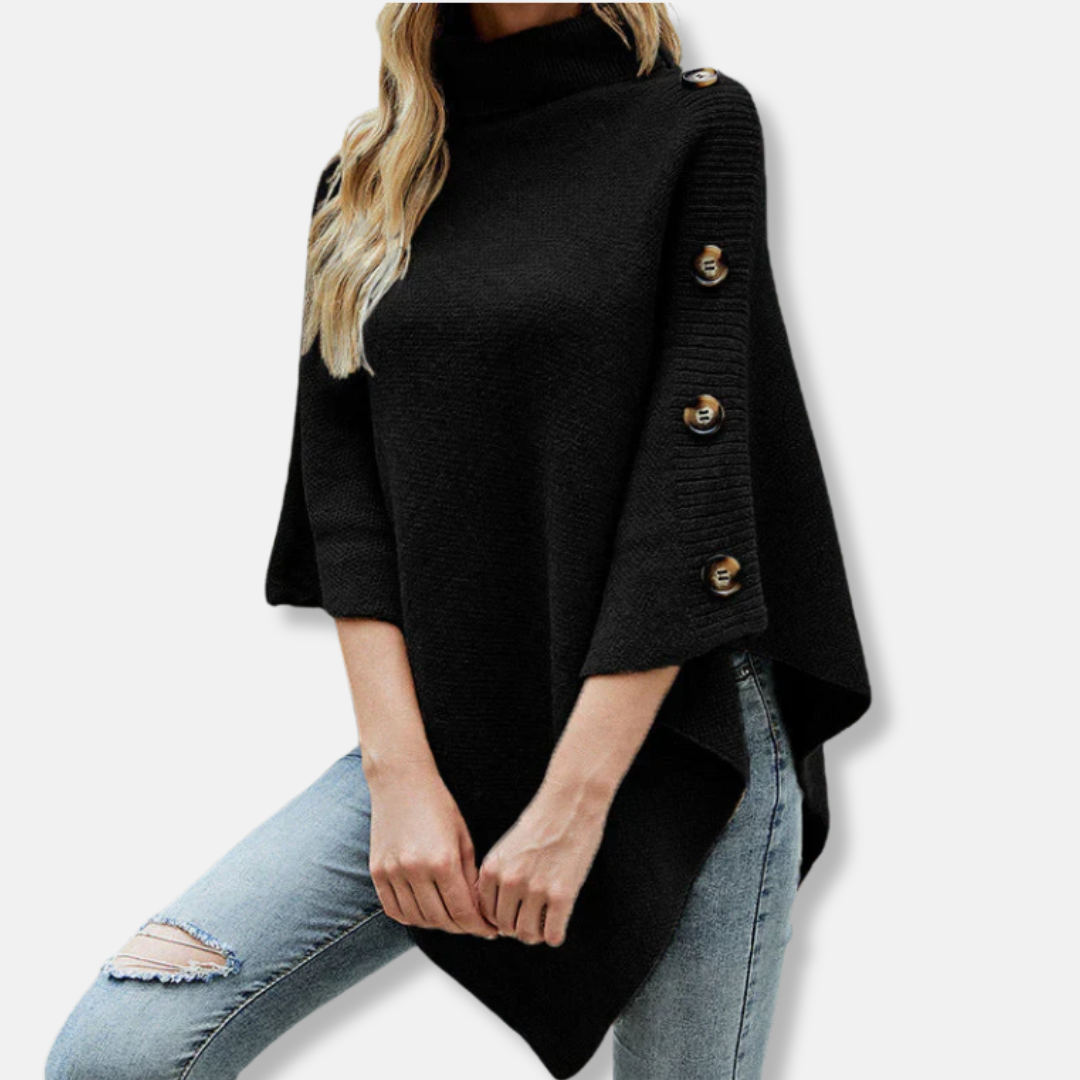 Women's oversized knit poncho high neck asymmetrical hem cozy fall street style layering piece