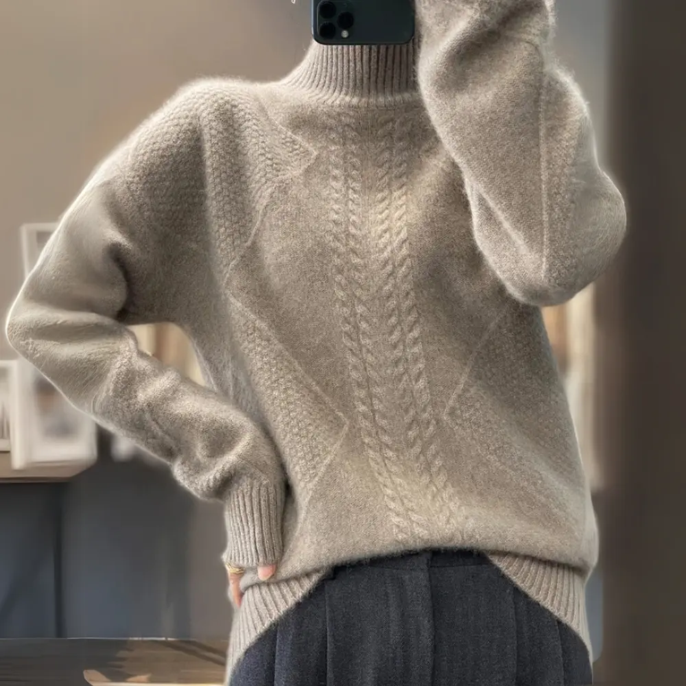Mariah ivory turtleneck sweater with patchwork texture knit and slim silhouette for everyday luxury