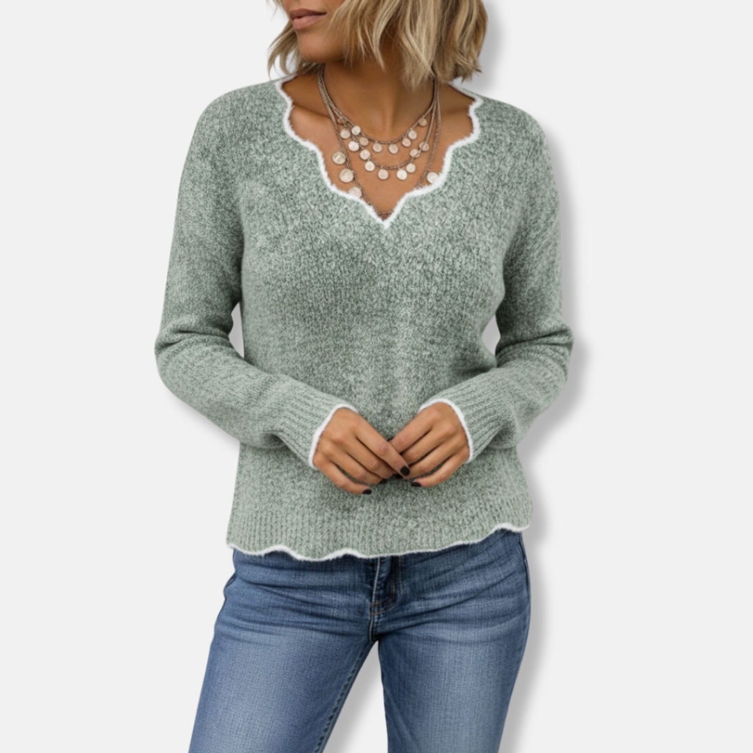 Women's relaxed fit wool knit pullover sweater with scalloped neckline, soft casual style