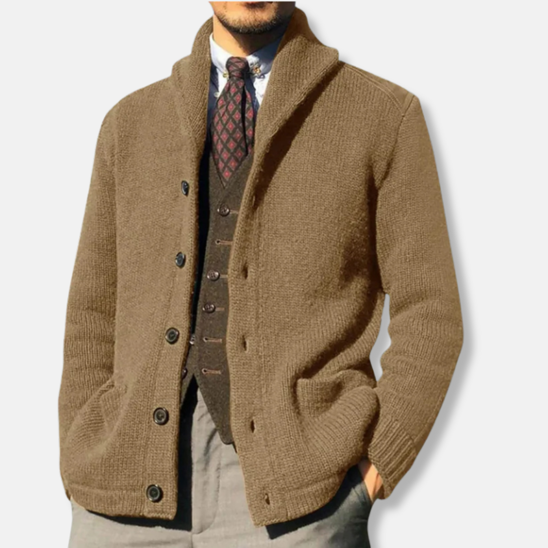 Men's wool knit cardigan regular fit shawl collar button-front with ribbed cuffs