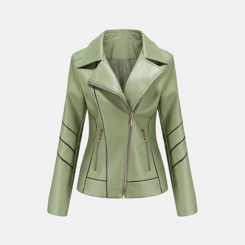 Women's black slim-fit cropped faux leather moto jacket with asymmetrical zip and quilted sleeves