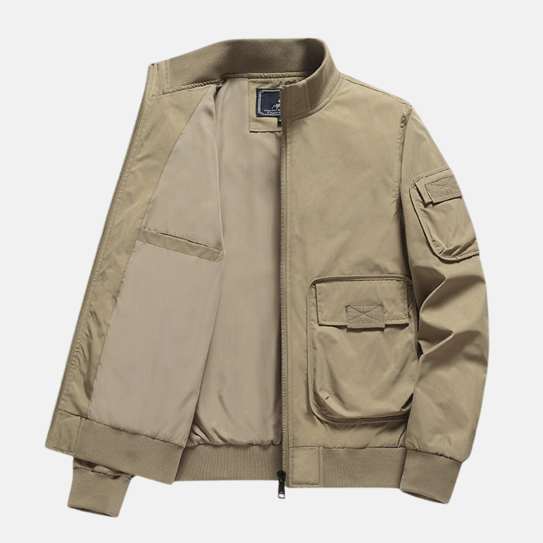 Men's navy bomber jacket relaxed fit full zip wind-resistant with patch pockets lightweight layer