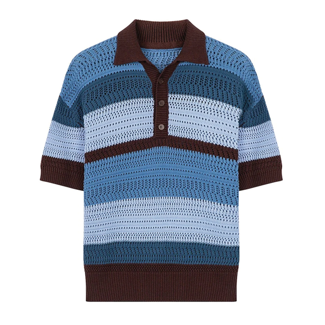 Paloma oversized open-knit striped polo in cotton blend with turn-down collar and button closure