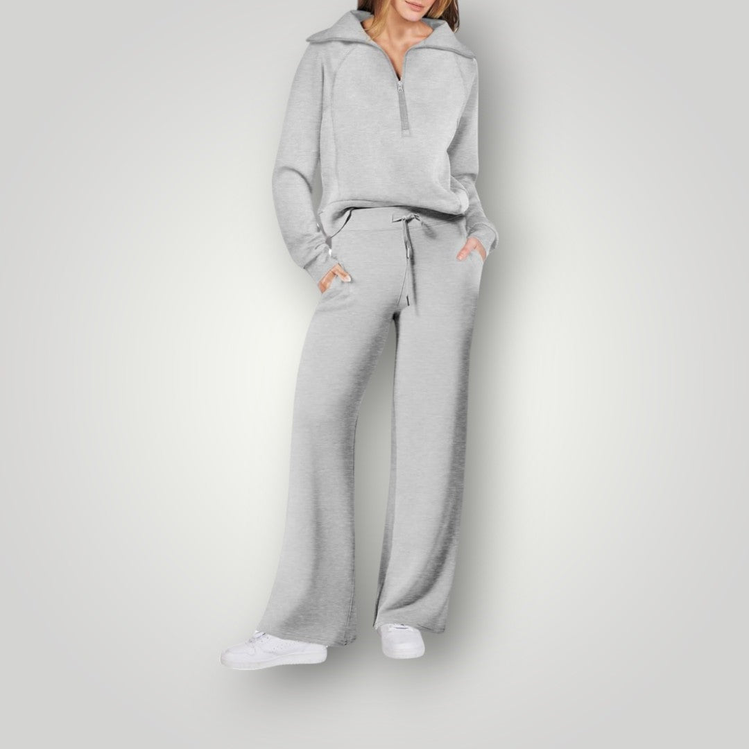 Women's gray loungewear set half-zip sweatshirt and wide-leg pants matching two-piece cozy neutral