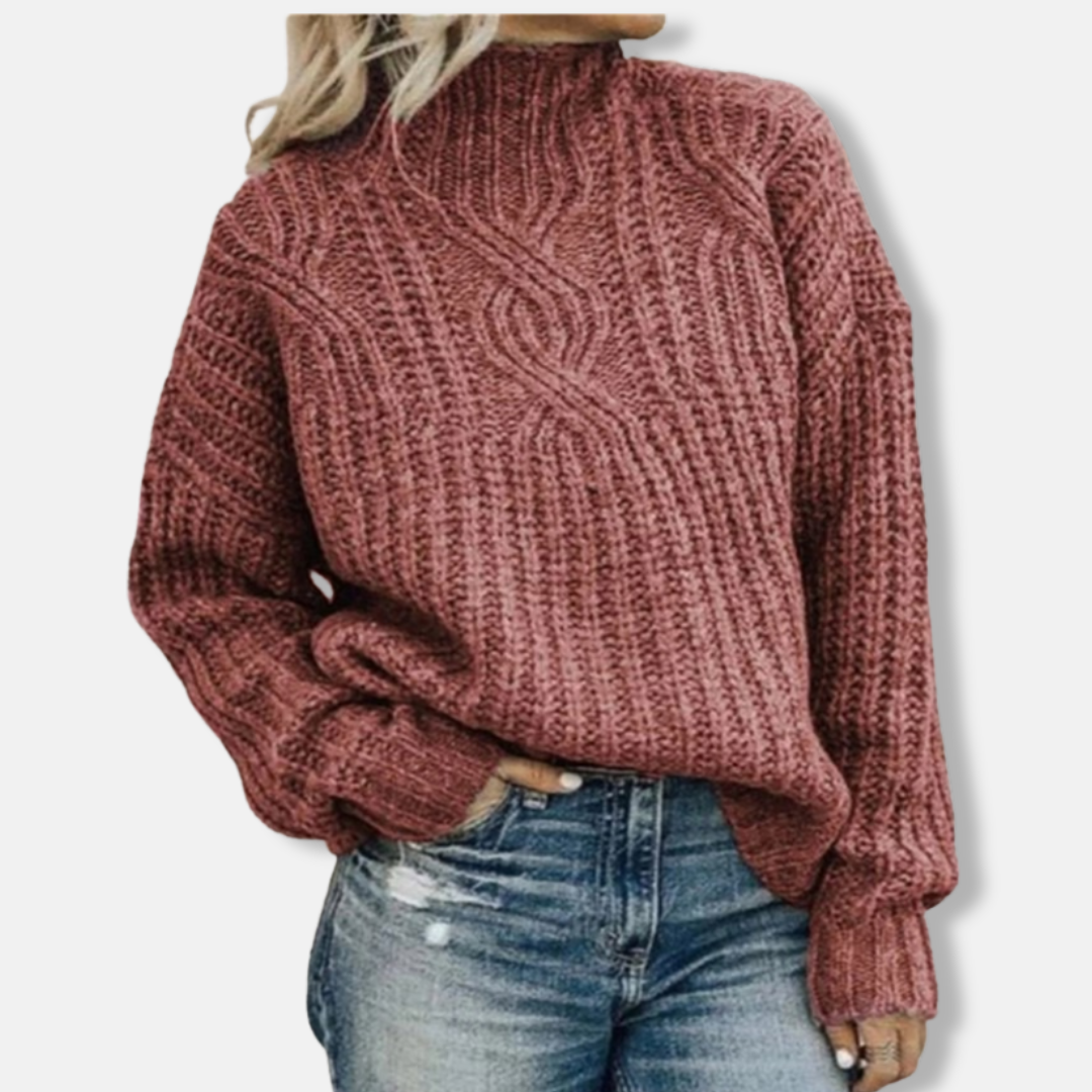 Women's wool cable knit pullover sweater, relaxed fit high neck in cozy neutral tones