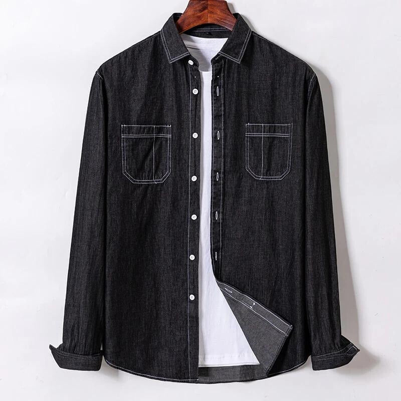 Sylvi blue denim shirt classic fit sharp point collar dual chest pockets 100% cotton
