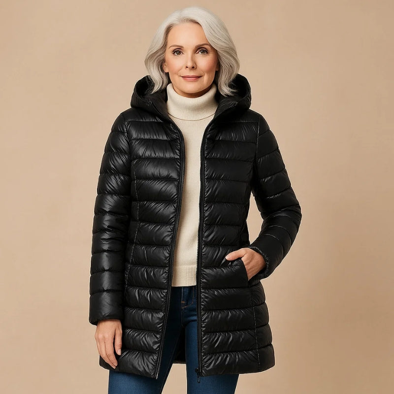 Olivia lightweight down jacket in sleek hooded silhouette, ultra-light insulating women's puffer coat