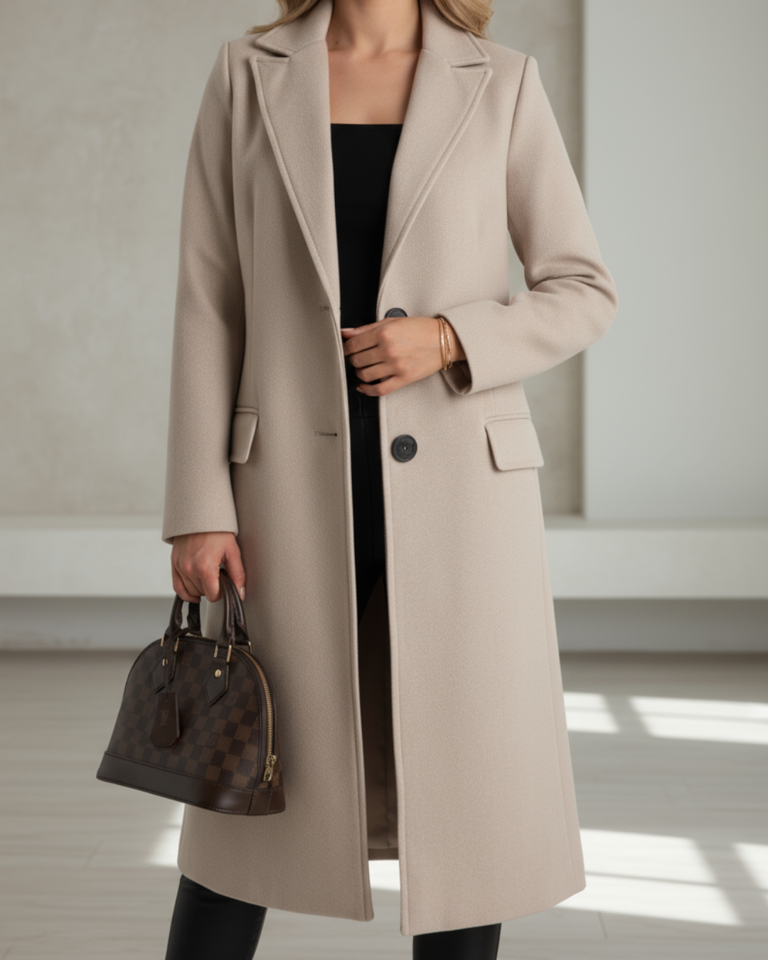 Elegant long tailored coat in classic tone, structured waist-defining silhouette with timeless refined cut