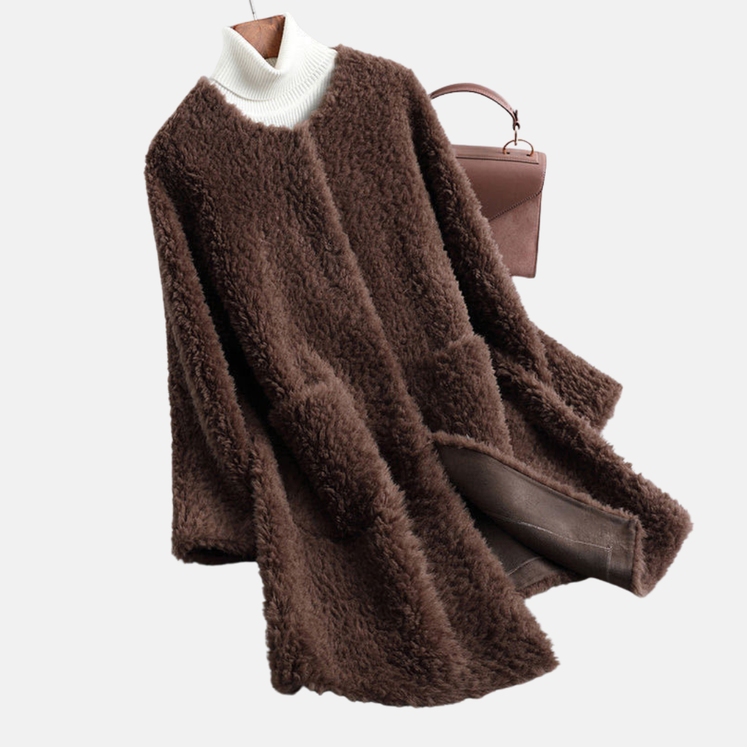 Women's open front faux fur coat mid-thigh length cozy chic winter essential in neutral tone