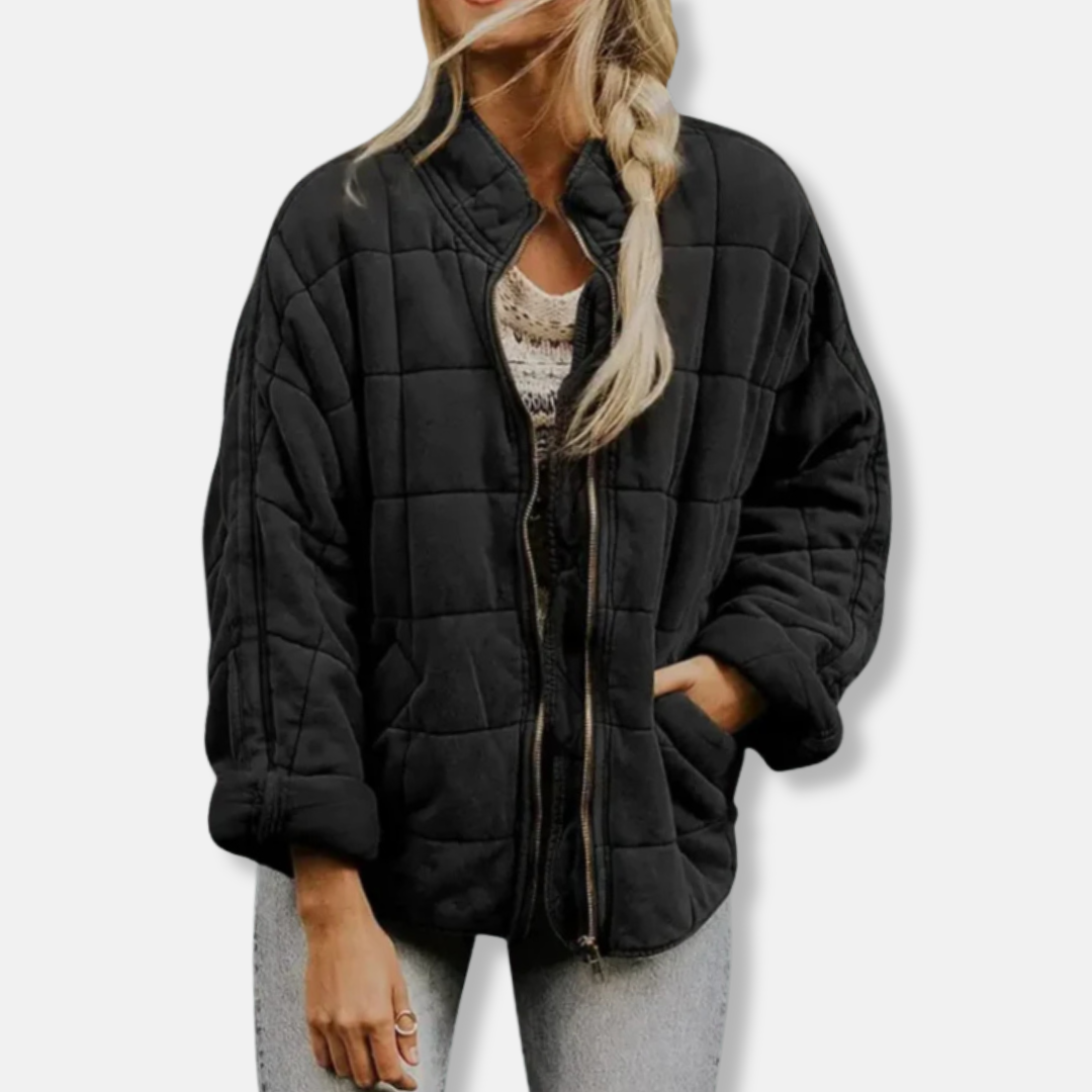 Women's oversized quilted coat relaxed fit stand collar full zip hip length cozy warmth