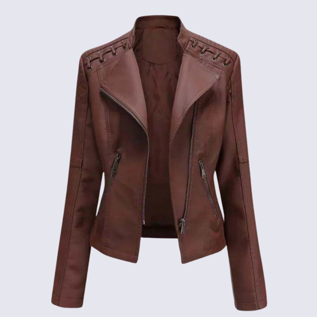 Women's black faux leather biker jacket with sleek PU finish and chic edge silhouette
