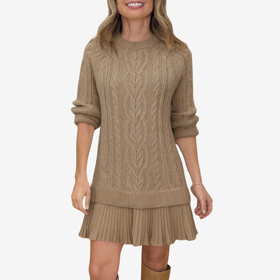 Cozy knit sweater dress with flattering silhouette and distinctive modern design details