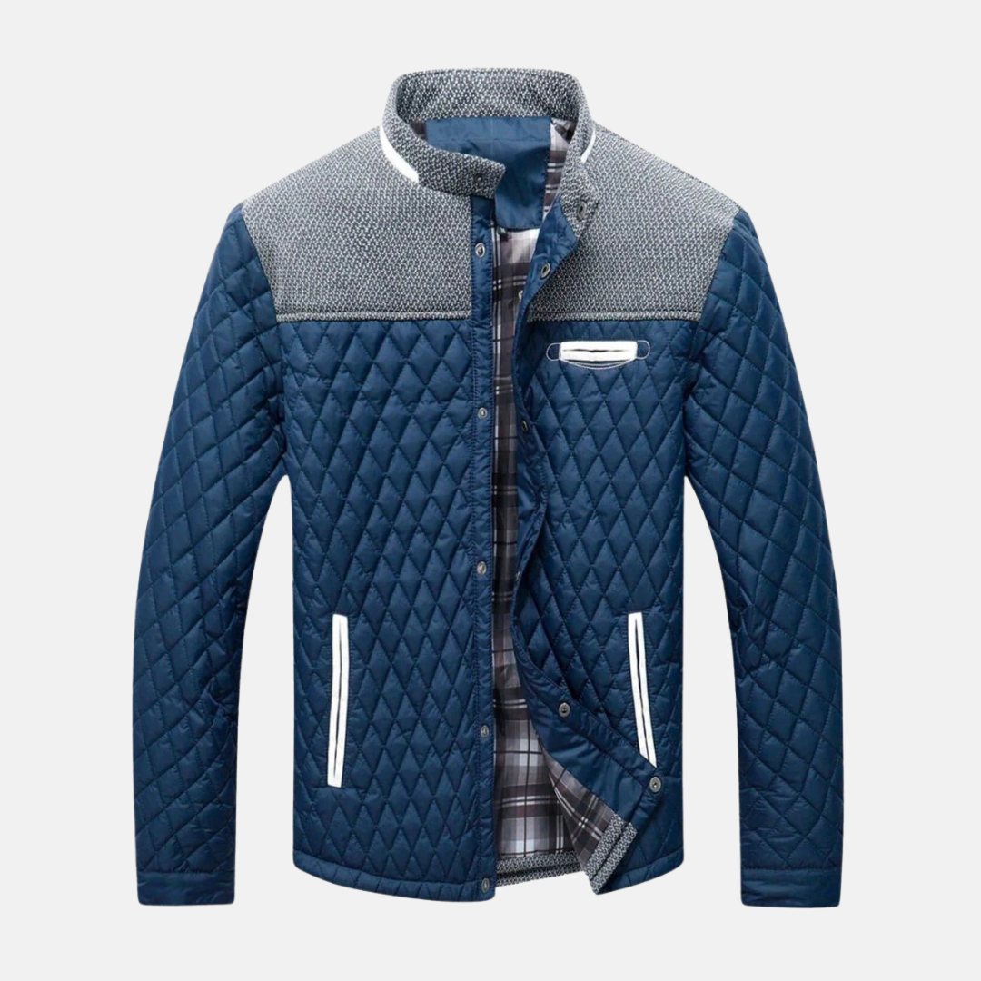 Men's diamond quilted woven blend jacket with standing band collar and contrast trim