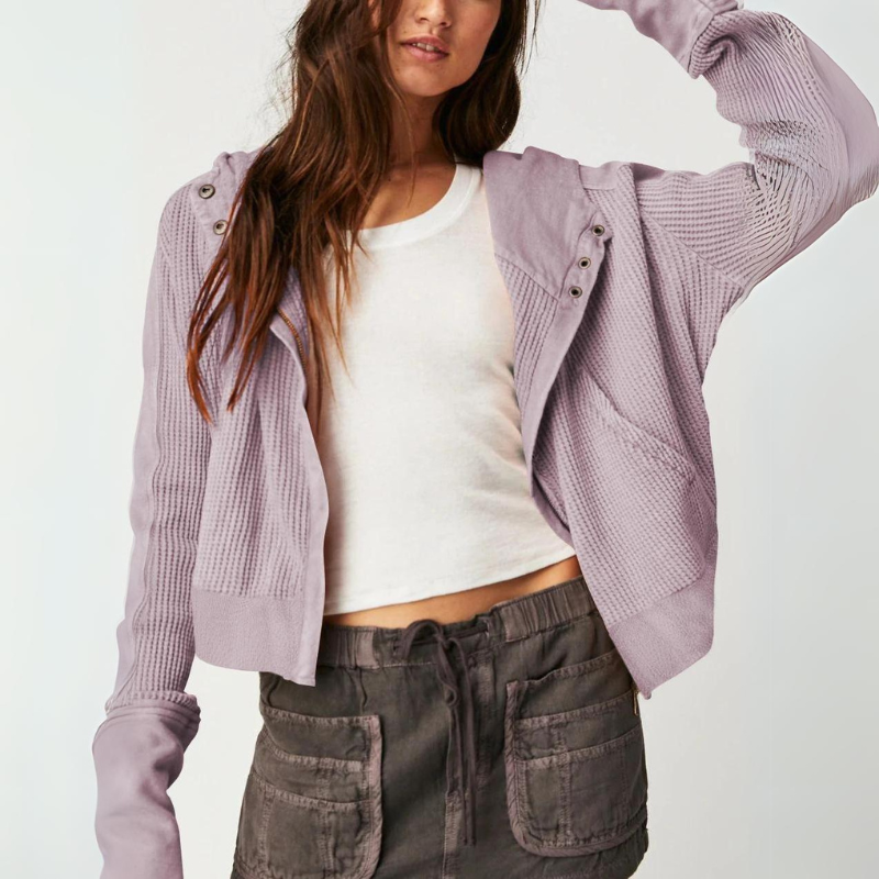 Cropped textured knit hoodie in neutral tone with unique hybrid button-to-zip closure