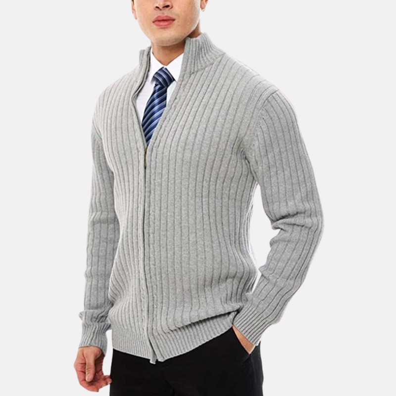 Men's gray knit blend full-zip cardigan with stand collar, smart casual regular fit layer