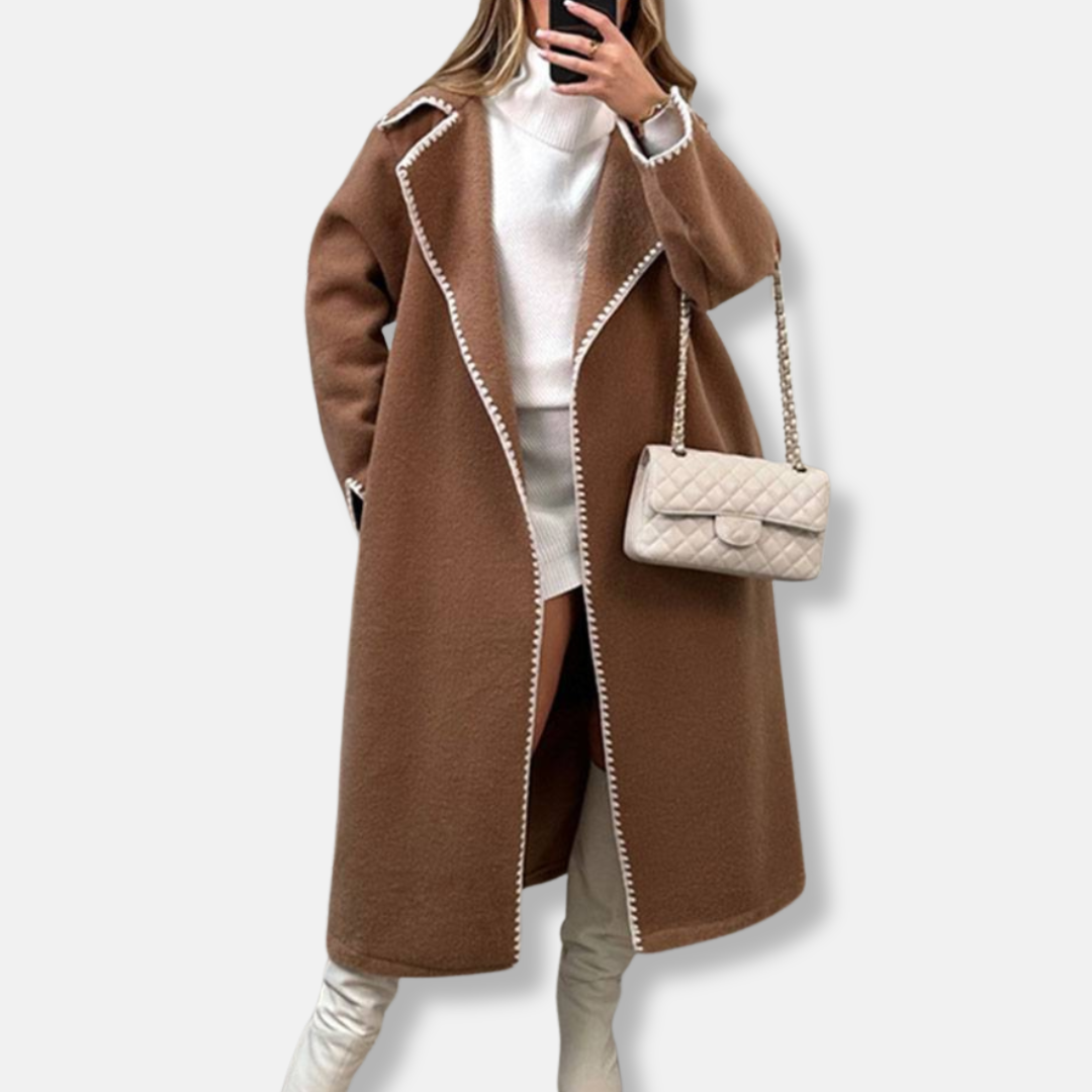 Women's wool maxi coat notched lapel loose fit warm timeless versatile work style