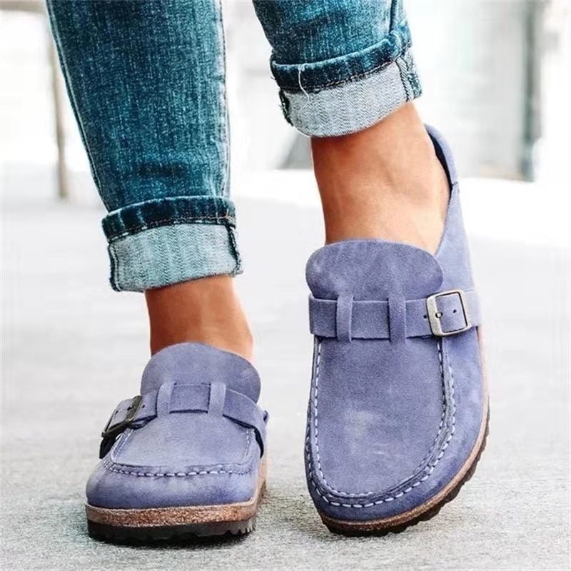 Beige suede comfort slip-on shoes with molded platform sole and adjustable buckle strap