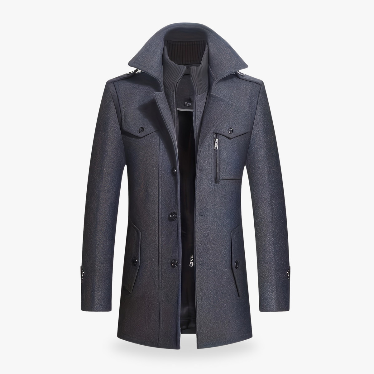 Men's charcoal wool blend slim fit double-breasted coat with notch lapel and hidden zipper closure