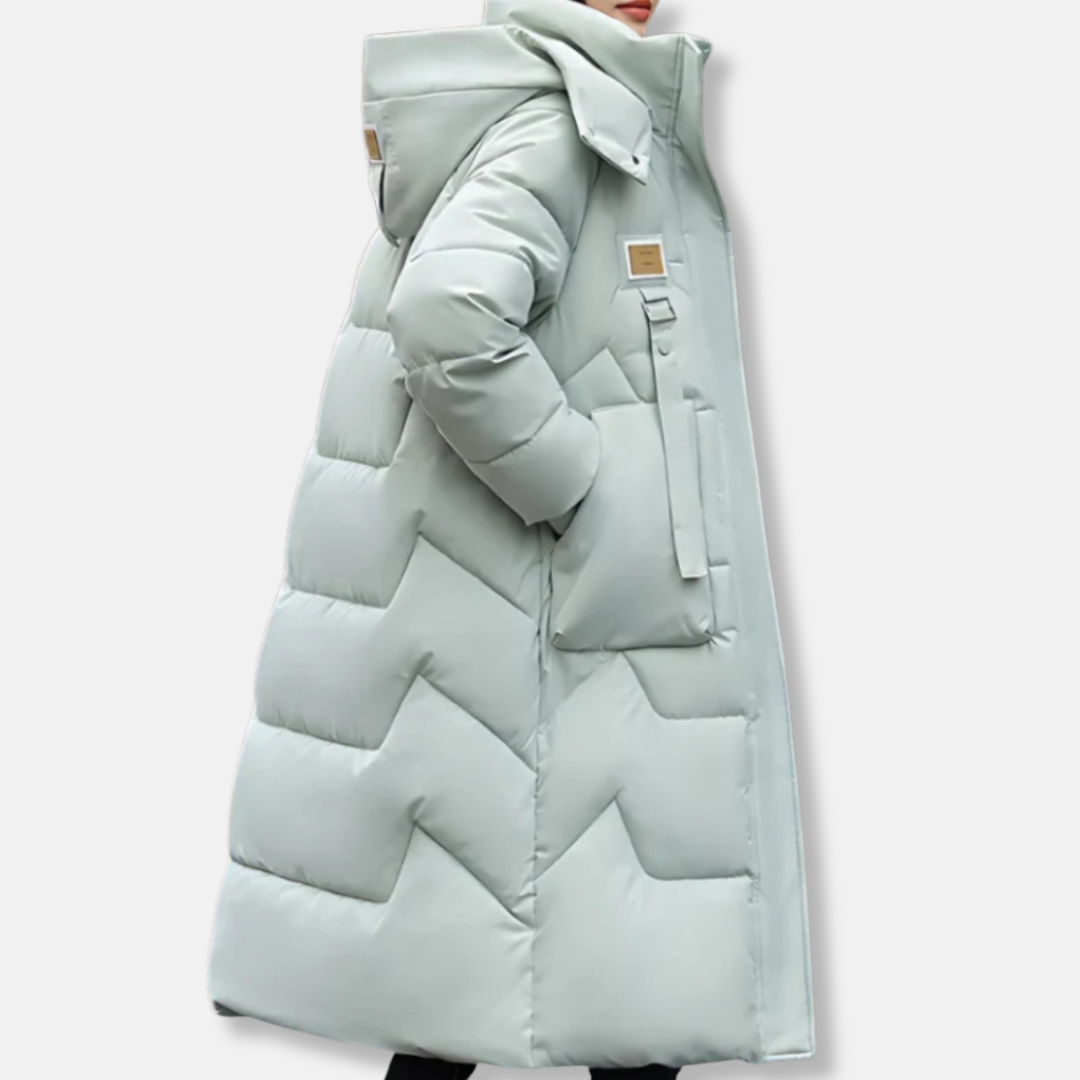 Women's quilted insulated hooded trench coat oversized fit in neutral tones for winter warmth