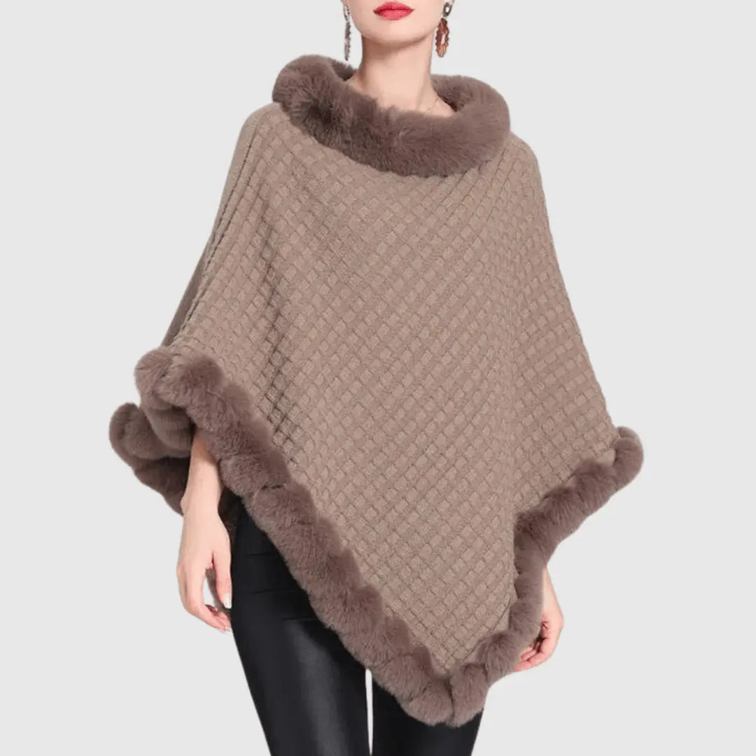 Becca soft weave poncho with fur-like trim, luxurious knit wrap in cozy oversized silhouette