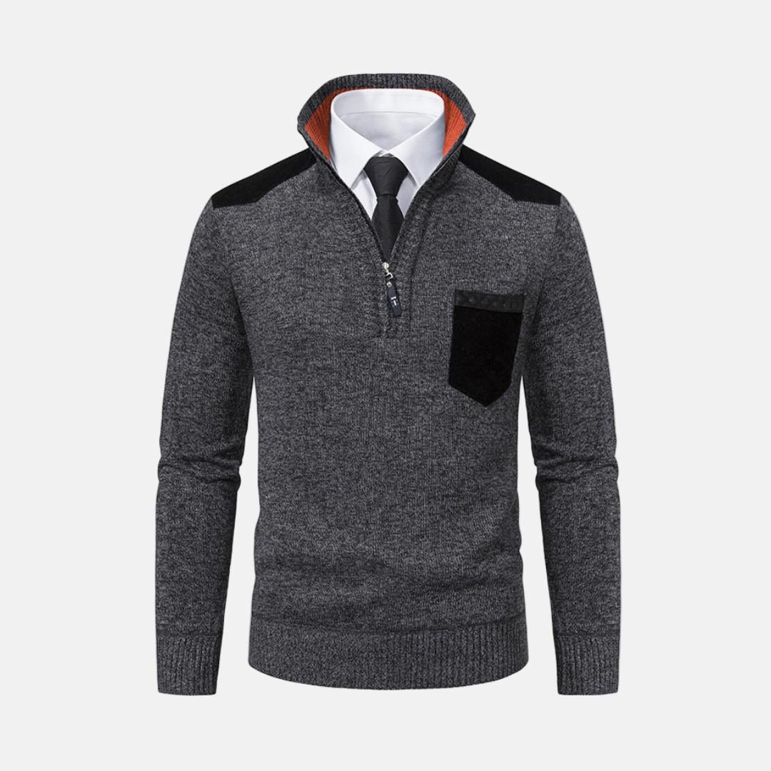 Men's gray knit blend quarter-zip pullover sweater with stand collar for smart casual wear