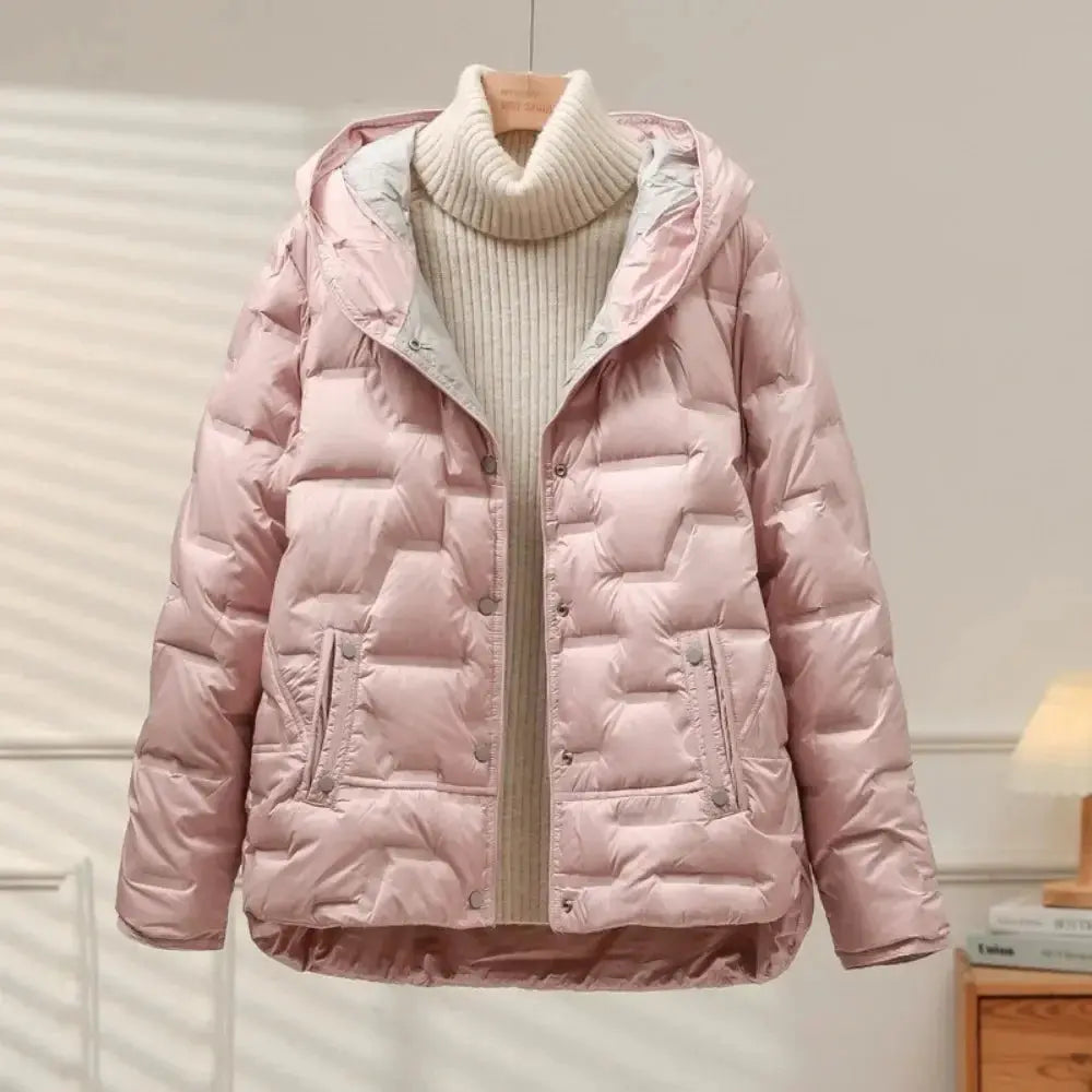 Women's Charlotte quilted down puffer jacket with snap-button closure, cozy insulated winter style