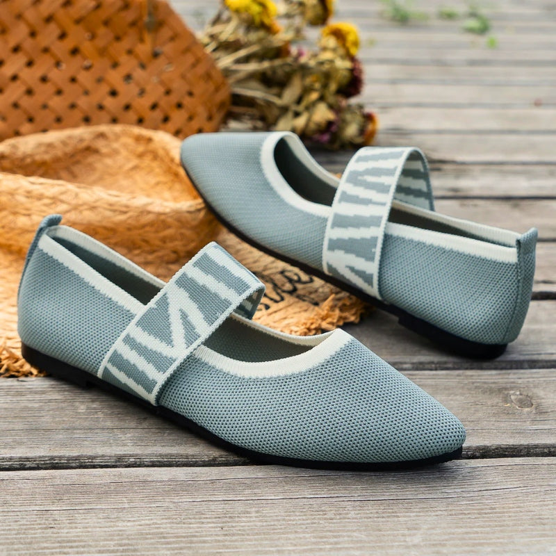 Women's pointed toe knit Mary Jane flats with gingham elastic strap in ballet flat style
