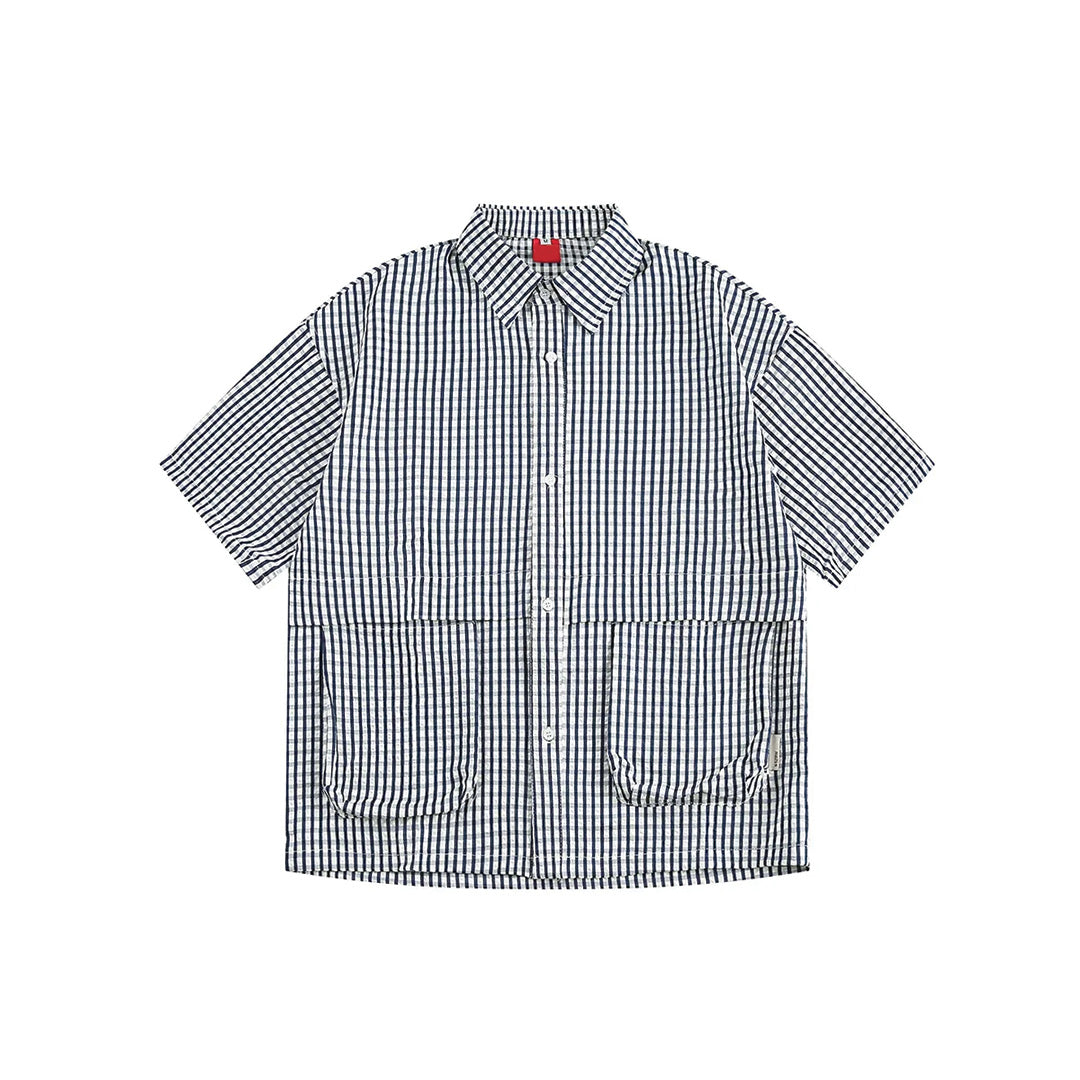 Gingham check cotton shirt regular fit with oversized dual front pockets and turn-down collar