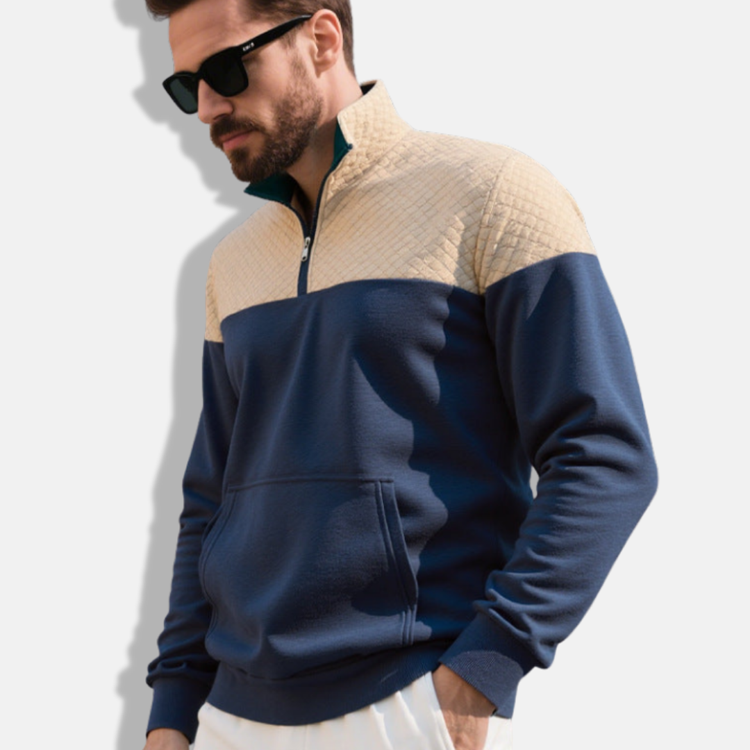 Men's grey cotton blend half-zip sweatshirt with stand collar and quilted diamond pattern